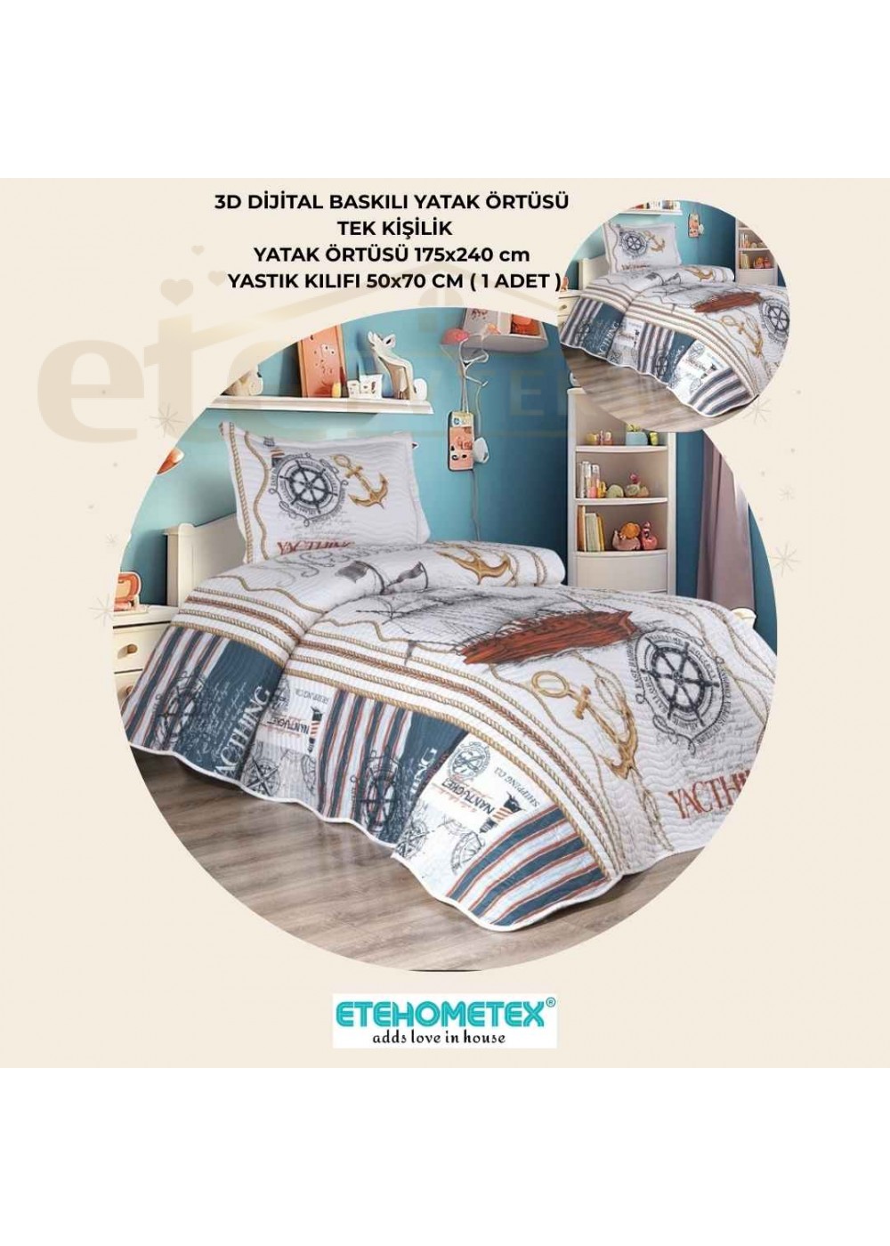 ETEHOMETEX TEK KİŞİLİK 3D DİJİTAL BASKILI YATAK ÖRTÜSÜ GEMİCİ 8696474232038